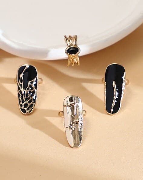 Sohi Women Set of 4 Gold-Plated Stone-Studded Enamel Nail Rings