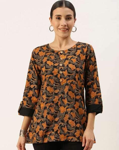SVARAA Women Printed Relaxed Fit Top with Roll-Up Sleeves