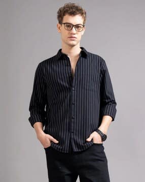 Men Oxford Striped Slim Fit Shirt with Patch Pocket-image-22
