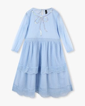 Girls Swiss-Dot Round-Neck Tiered Dress