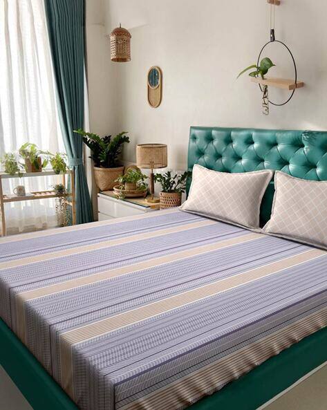 KLOTTHE 250 TC Striped Double King-Size Bedsheet with Pillow Covers
