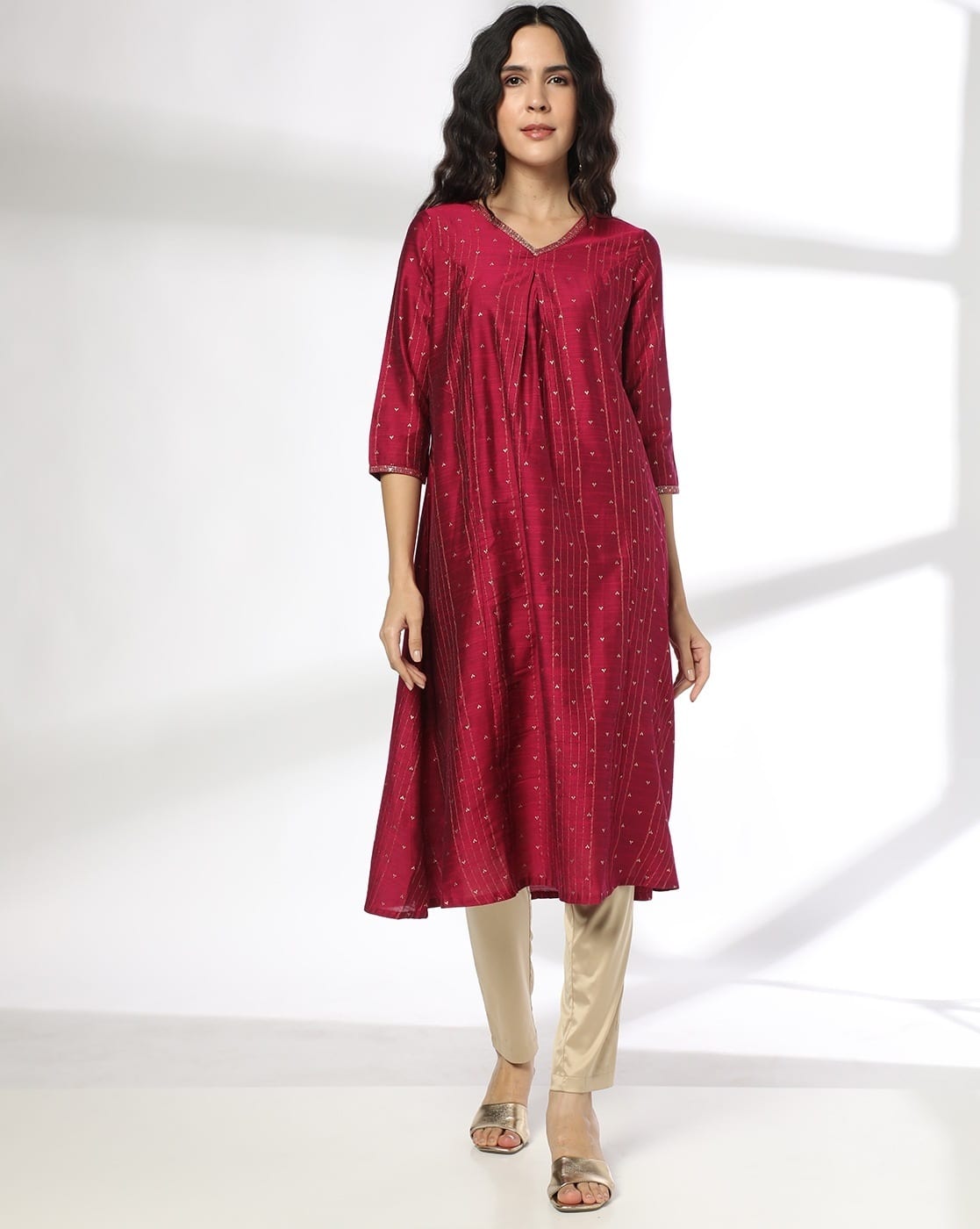 AVAASA MIX N' MATCH Women Embroidered A-Line Kurta For Women (Magenta, XL)