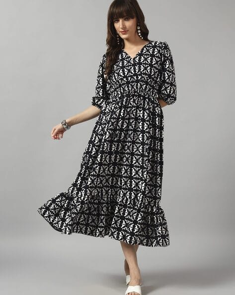 Jash Creation Women Printed Fit & Flare Dress with Smoked Detail