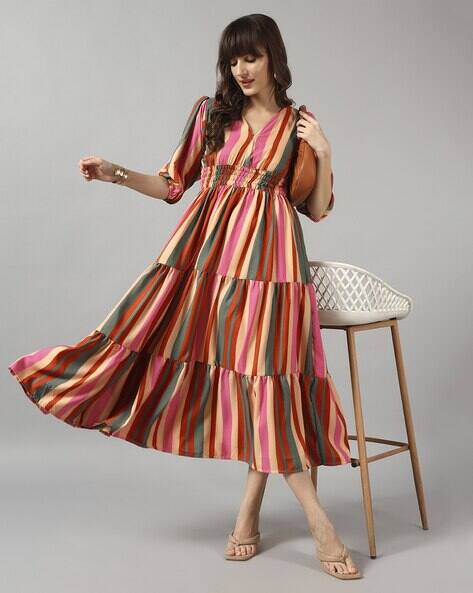 Jash Creation Women Striped V-Neck Fit & Flare Dress