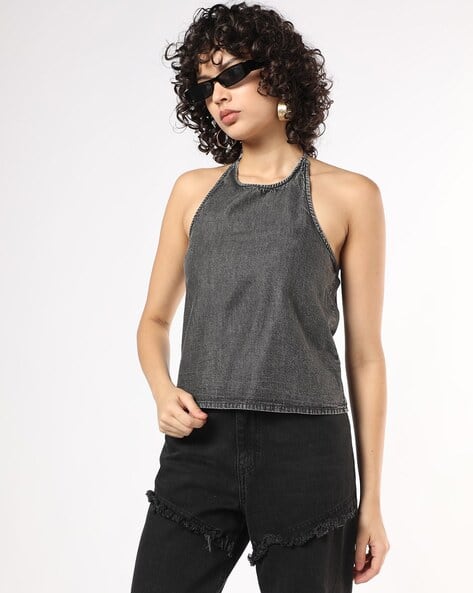 Buy Outryt by AZORTE Linen Halter-Neck Top Online | Ajio.com