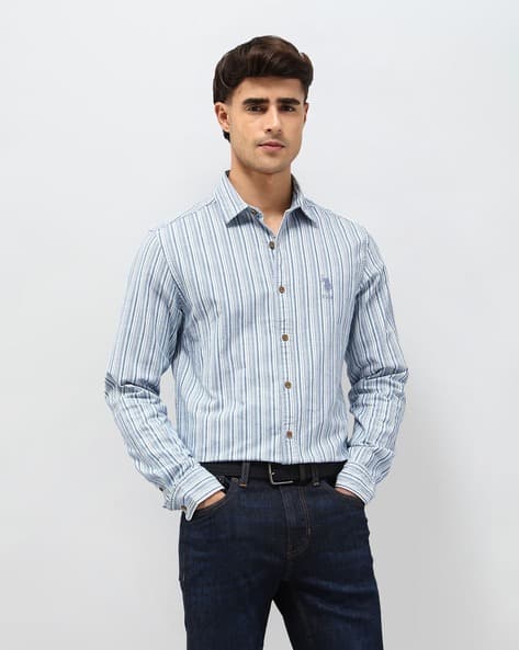 Men's Blue Solid Spread Collar Collared Neck Full Sleeve Casual Cotton Regular Fit Shirt
