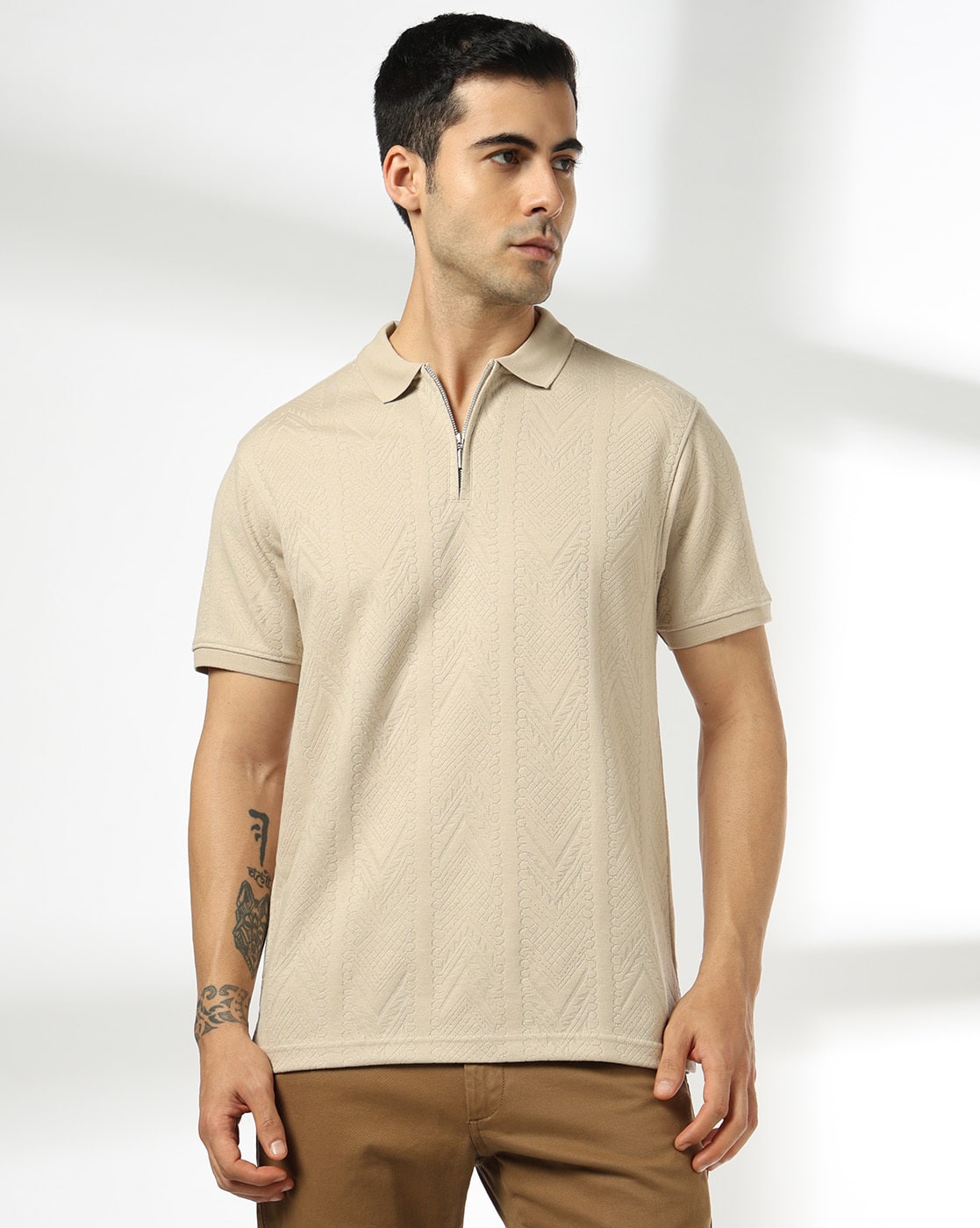 NETPLAY Men Jacquard Slim Fit Polo T-Shirt For Men (Khaki, XL)