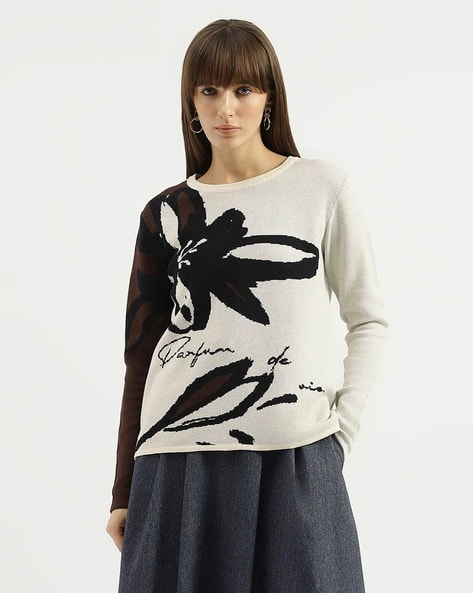 Women Floral-Knit Round-Neck Pullover