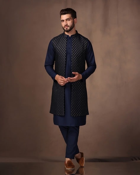 Buy Navy blue Black 2-Piece Ethnic Suit for Men by KISAH Online
