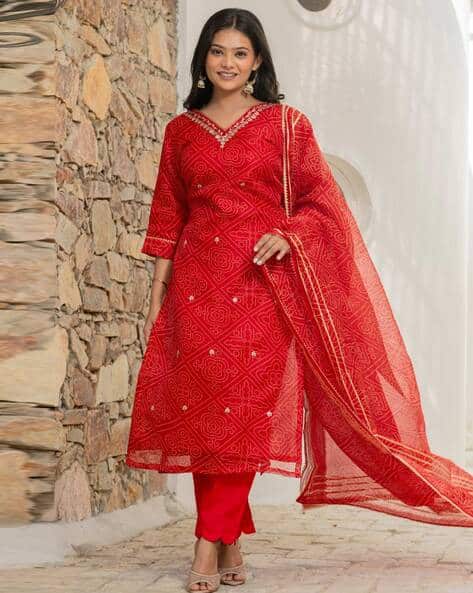 SVARAA Women Bandhani Print Straight Kurta Set with Dupatta