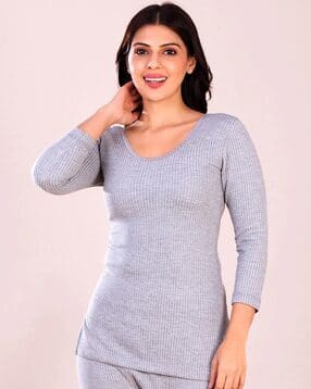 Women Ribbed Round-Neck Thermal Top