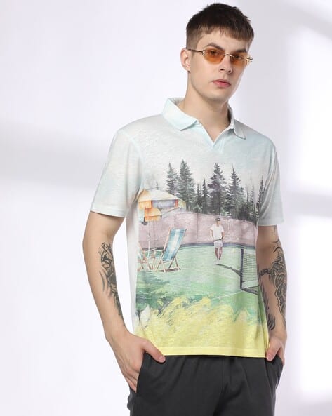 Teamspirit Men Tennis Court Photo Print Regular Fit Polo T-Shirt