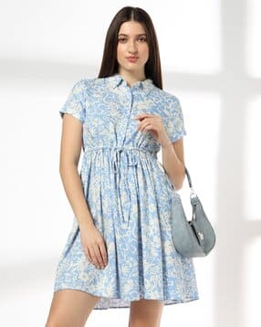 Women Floral Print Shirt Dress