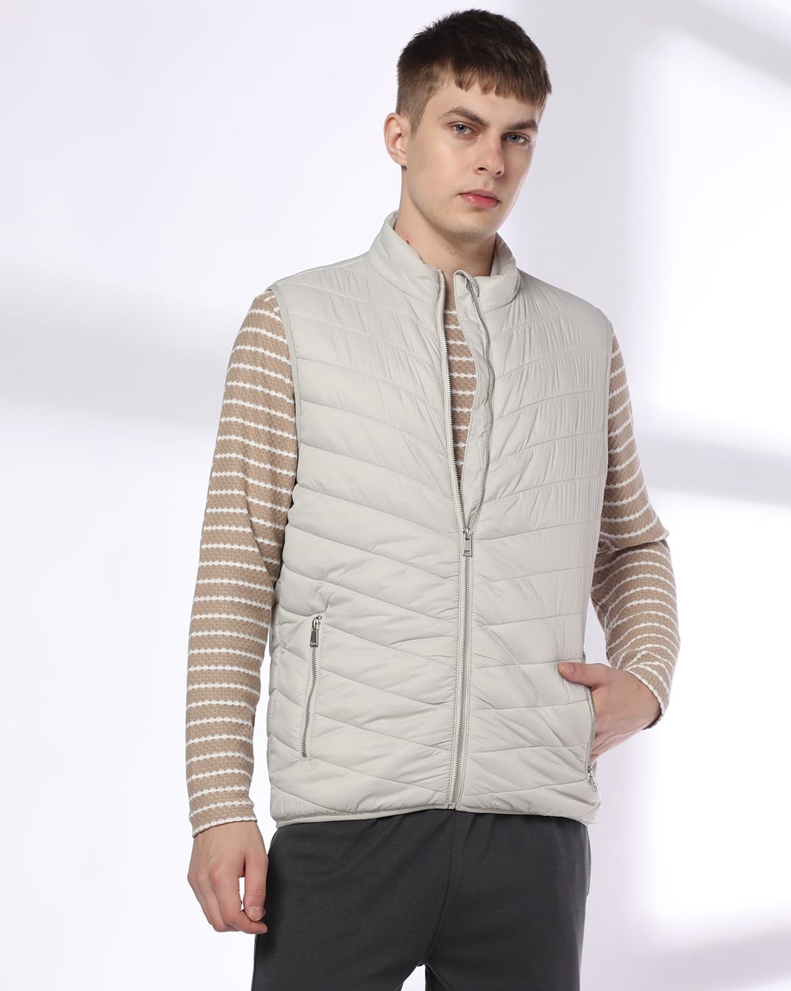 Teamspirit Men Quilted Regular Fit Gilet with Zipper Pockets For Men (Grey, L)