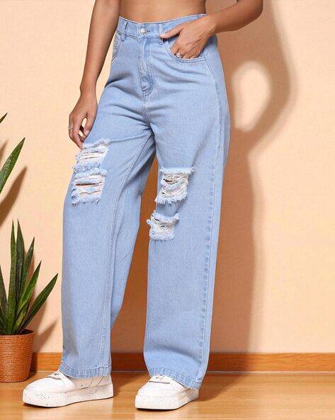 KATLINE Women Lightly-Distressed Straight Jeans