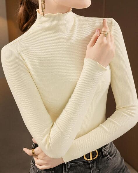 WANQUILA Women Ribbed Slim Fit High-Neck T-Shirt