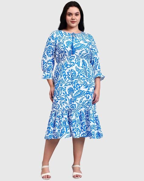 ORCHID BLUES Women Floral Fit & Flared Dress with Tie-Up Neck