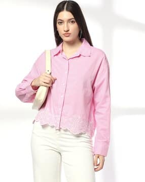 Women Schiffli Embroidered Relaxed Fit Shirt