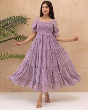 Women Floral Print Tiered Dress with Puff Sleeves-image-12