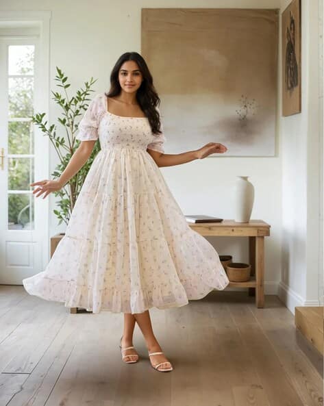 XQsee Women Floral Print Shirred Tiered Dress