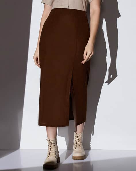 Women Mid-Rise Striped Front Slit Midi Workwear Pencil Skirt
