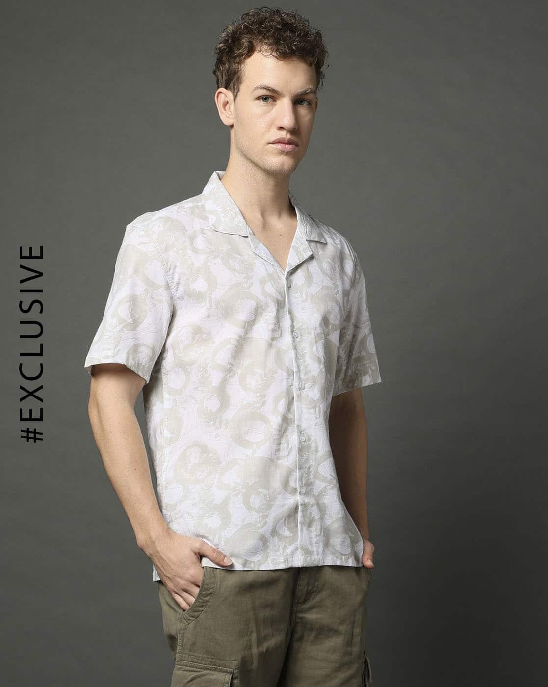 Alpha Tribe Men All-Over Print Relaxed Fit Shirt For Men (White, M)