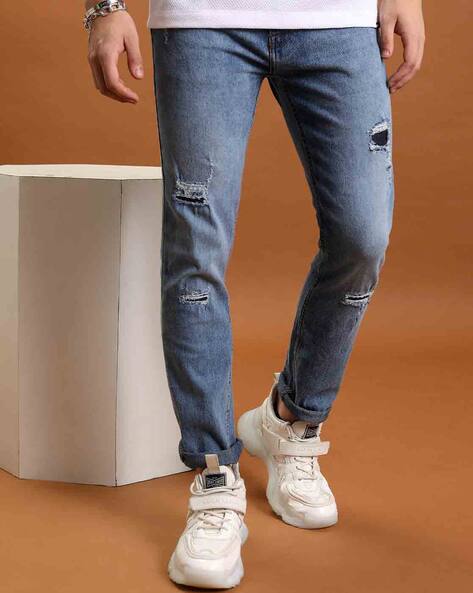 Highlander Men Mid-Wash Distressed Tapered Fit Jeans