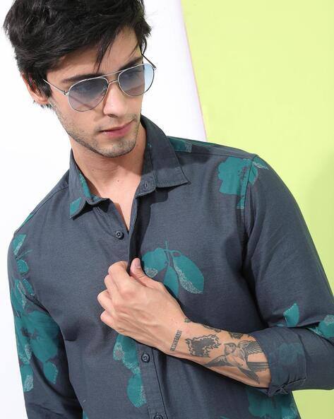 Highlander Men Leaf Print Slim Fit Cotton Shirt