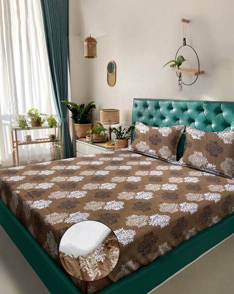 KLOTTHE 400 TC Printed Double King Fitted Bedsheet with Pillow Covers