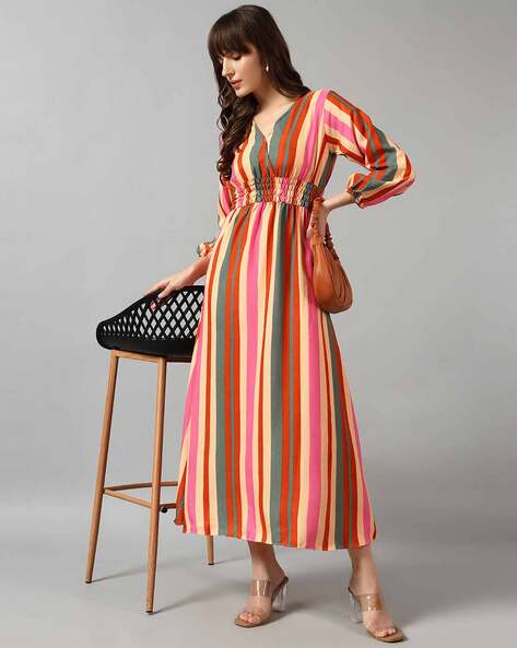 FEMVY Women Striped V-Neck Fit and Flare Dress