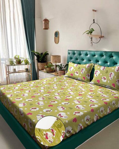 KLOTTHE 400 TC Graphic Print Double King Fitted Bedsheet with Pillow Covers