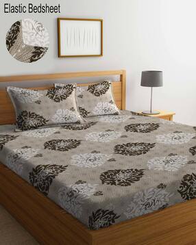 klotthe 300 TC Floral Print Double King Fitted Bedsheet with Pillow Covers -picture-30