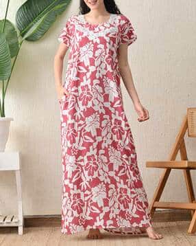 Women Floral Print Nightie with Lace Details