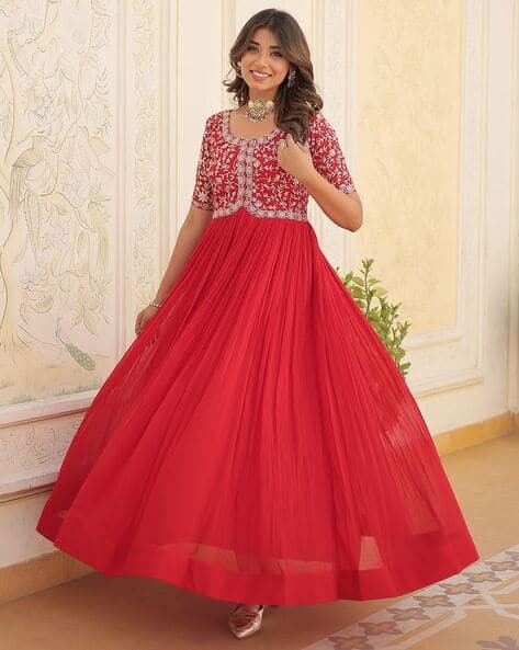 fitted lace wedding dress Embroidery Zari Sequins-work Ethnic Designer Red Gown main image 0