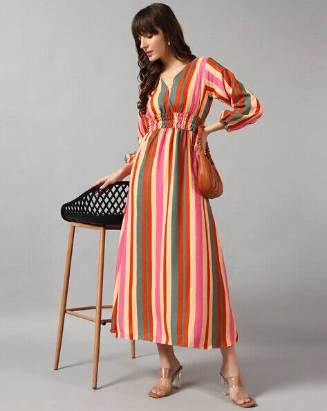 Jash Creation Women Striped V-Neck Fit and Flare Dress