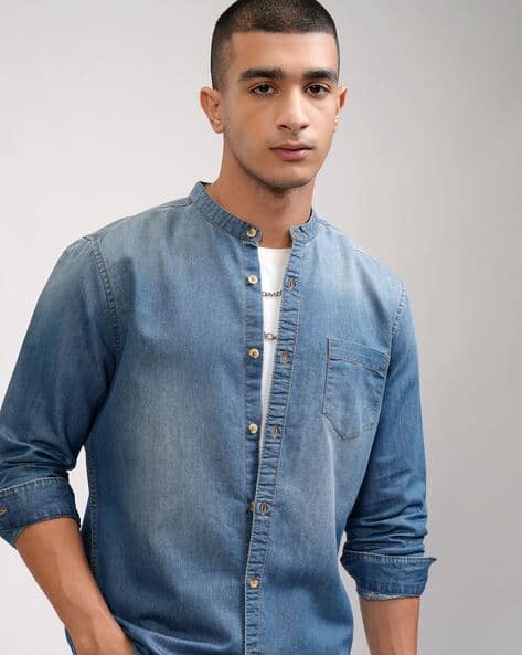 Highlander Men Slim Fit Denim Shirt with Patch Pocket