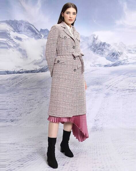 Tokyo Talkies Women Houndstooth Regular Fit Coat with Waist Tie-Up Belt