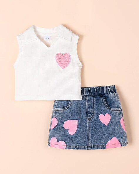 Girls Heart Print Skirt Top Set