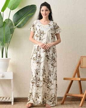Women Floral Print Nightie with Lace Details