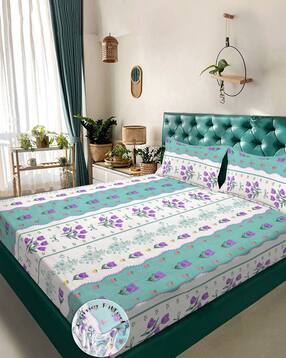 klotthe 300 TC Floral Print Double King Fitted Bedsheet with Pillow Covers -picture-12
