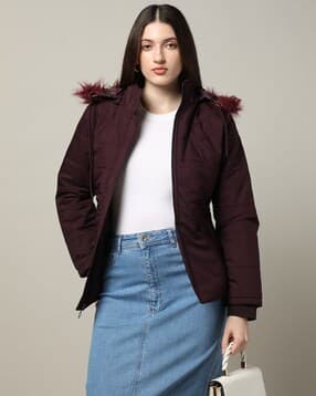 Women Bomber Jacket with Faux Fur Hood-image-14