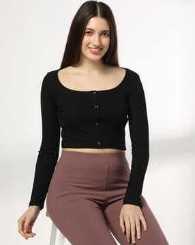 Women Ribbed Round-Neck Regular Fit Crop Top