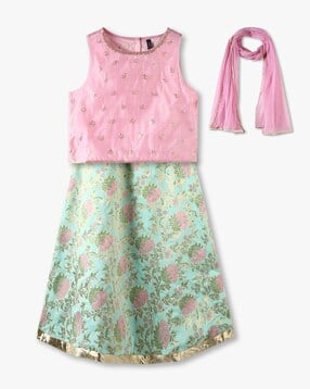 Girls Floral Print Flared Lehenga with Choli & Dupatta Set