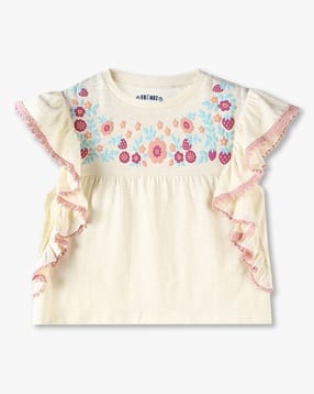 Girls Puff Print Regular Fit Kaftan Top