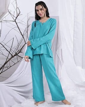Women V-Neck Top & Pyjamas Set-image-43