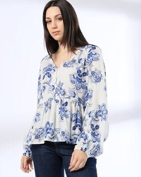 Women Floral Print V-Neck Peplum Top