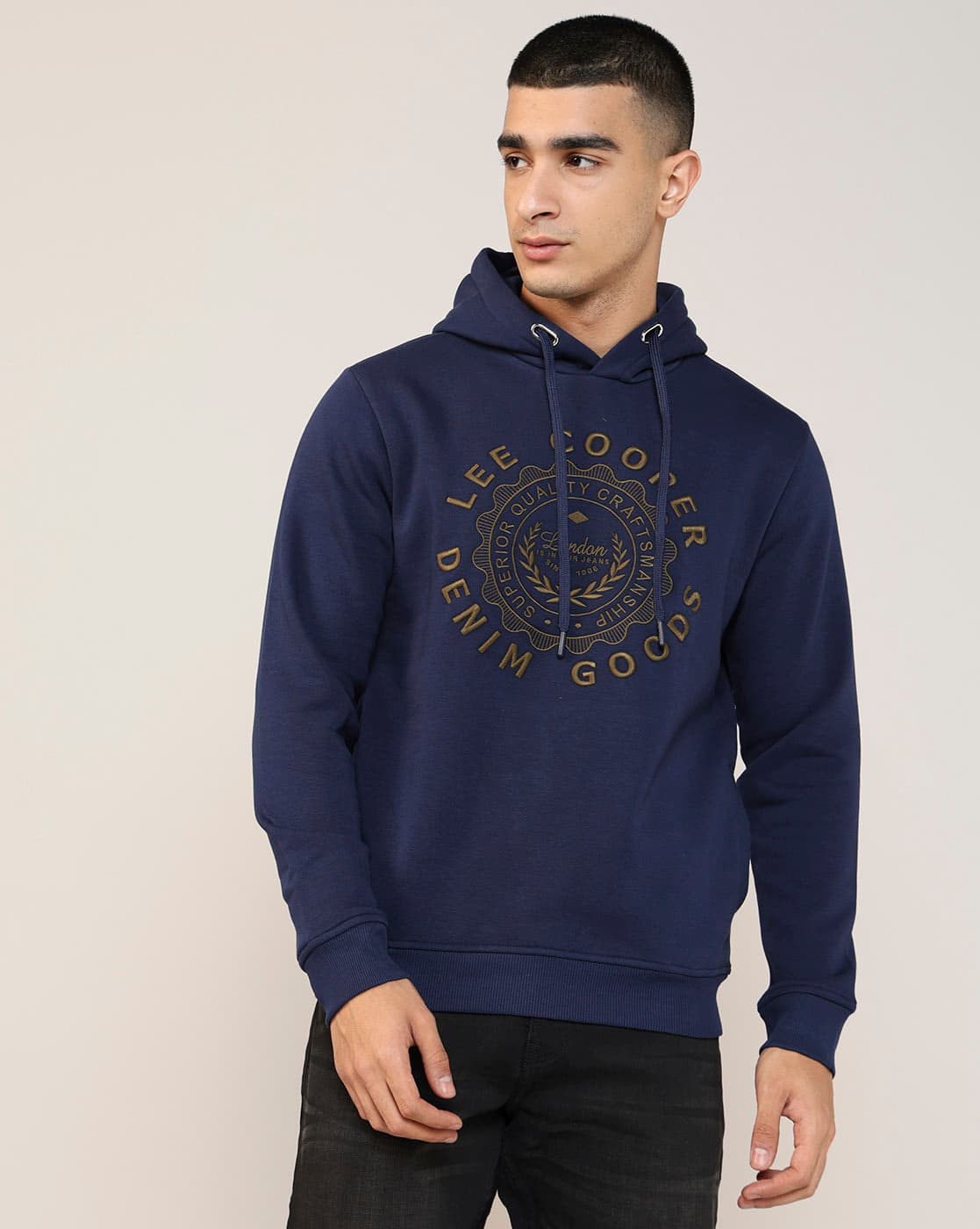 Lee Cooper Men Brand Embroidered Regular Fit Hoodie For Men (Navy, XL)