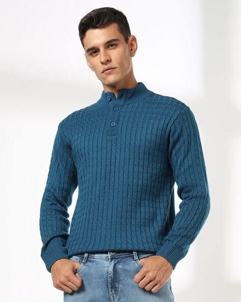 JOHN PLAYERS Men Cable-Knit Slim Fit Mock Neck Pullover