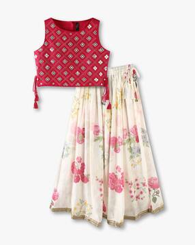 Girls Floral Print Lehenga with Choli & Dupatta