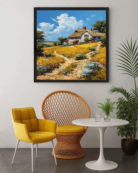 999store Countryside Cottage Square Framed Canvas Wall Art